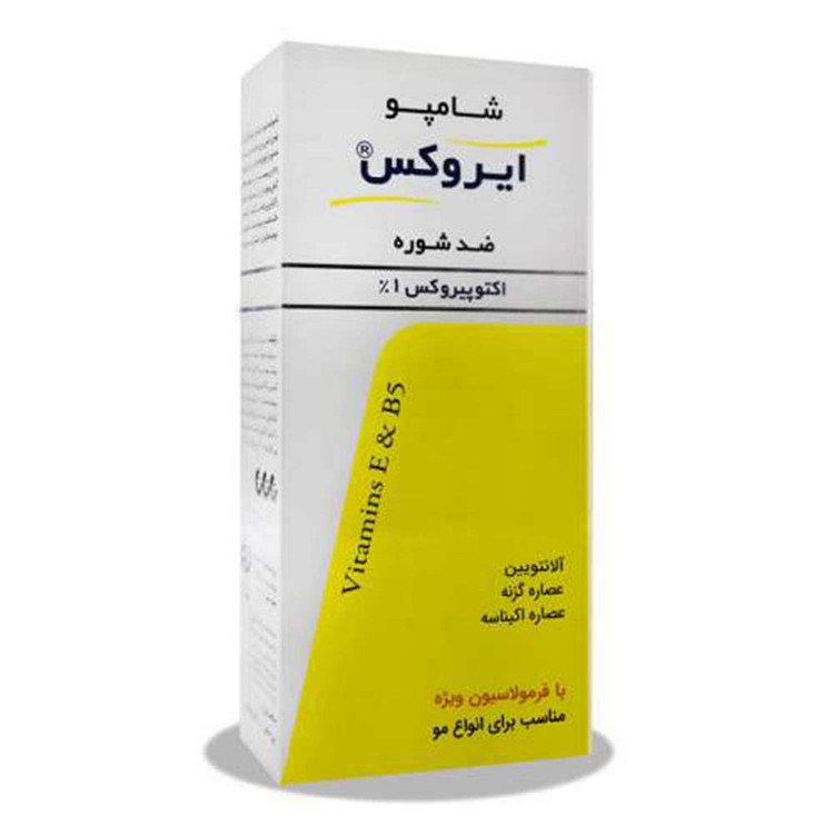 شامپو ضدشوره ایروکس مخصوص موهای دارای شوره و انواع مو، حجم 200 میلیلیتر مدل اکتوپیروکس، حاوی ویتامینهای E و B5، تقویتکننده با عصاره گزنه و بید کانادایی