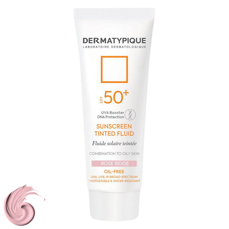 فلوئید ضدآفتاب رنگی درماتیپیک، 50 SPF، مدل TINTED FLUID، مناسب پوست مختلط تا چرب تنالیته رنگ خیلی روشن و حجم 50 میلیلیتر، محافظت کننده در برابر اشعه UVA، UVB، IR، ضد آب، فاقد چربی، محافظ DNA سلولی، تنظیم کننده چربی و ضد پیری پوست، با ماندگاری 2 ساعته