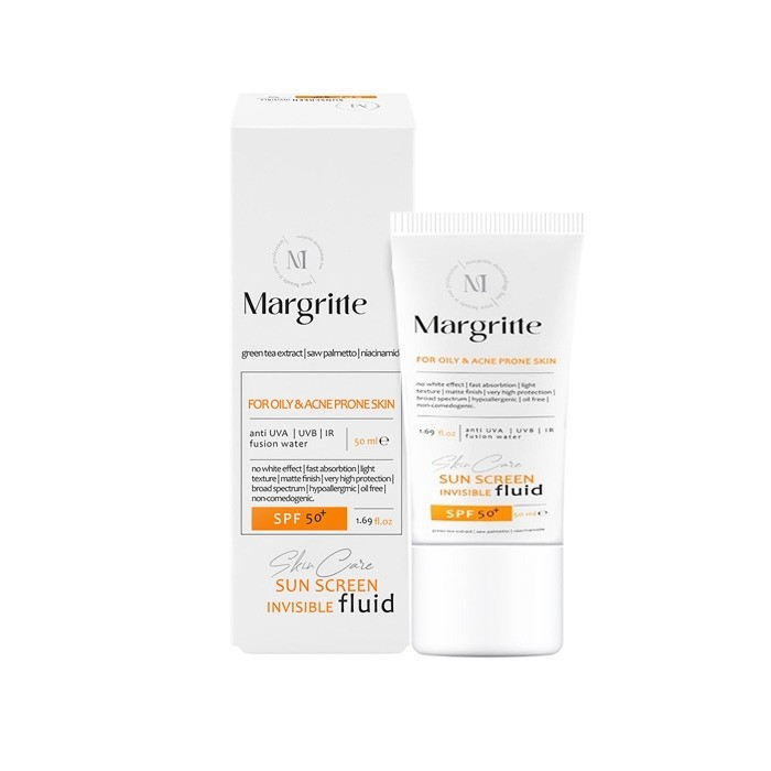 فلوئید ضد آفتاب بیرنگ گردن، صورت، دست مارگریت SPF 50 مدل fusion Water محافظ UVA/UVB مناسب برای پوست های مختلط و چرب حجم 50 میلیلیتر