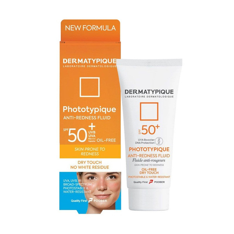 فلوئید ضدآفتاب بی رنگ درماتیپیک SPF 50 مدل Anti Redness محافظ UVA ،UVB مناسب برای انواع پوست حجم 40 میلیلیتر