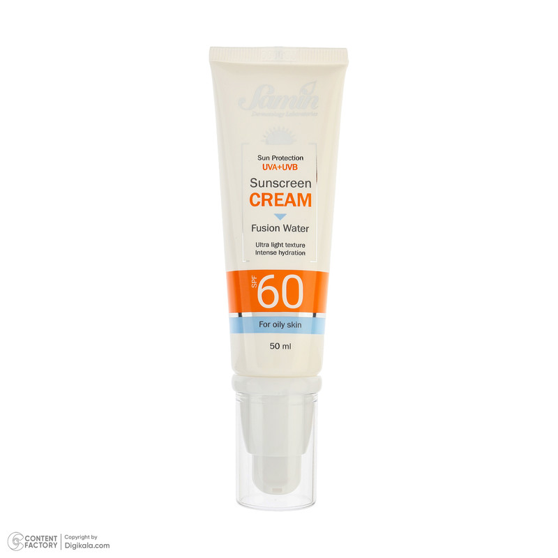 کرم ضد آفتاب بیرنگ صورت ثمین SPF 60 مدل Fusion Water محافظ UVA ، UVB مناسب برای پوستهای چرب حجم 50 میلیلیتر