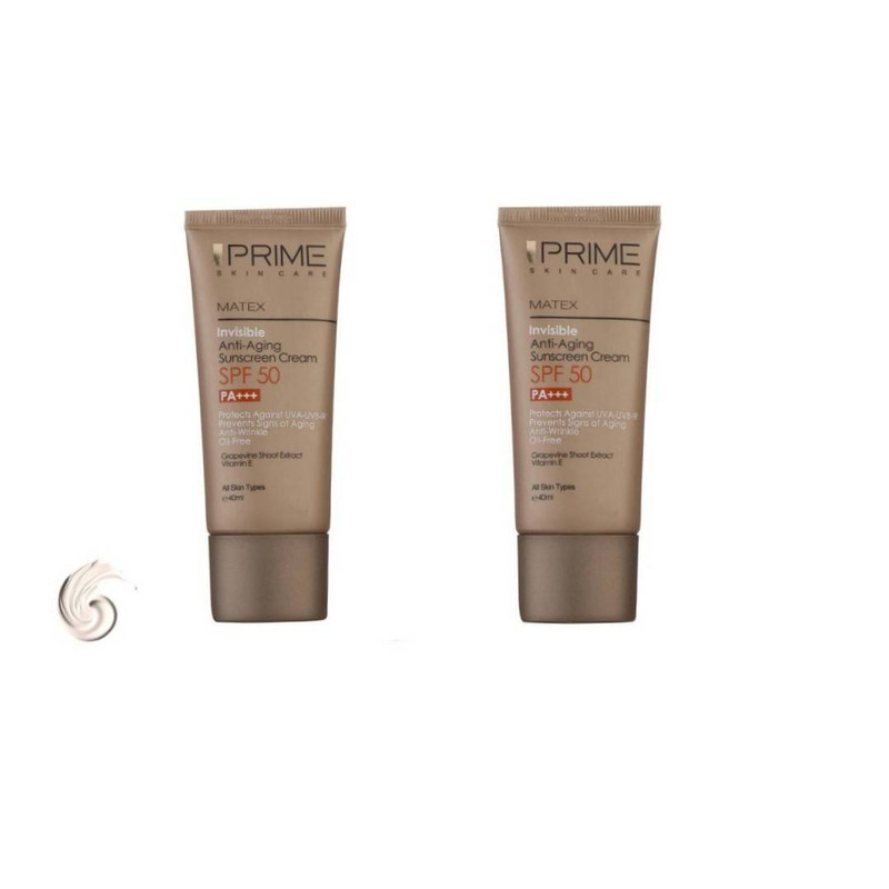کرم ضد آفتاب بدون رنگ پرایم SPF 50 مدل aging ‌محافظ UVA ،UVB و PA+++ مناسب برای انواع پوست‌ حجم 40 میلی لیتر بسته دو عددی