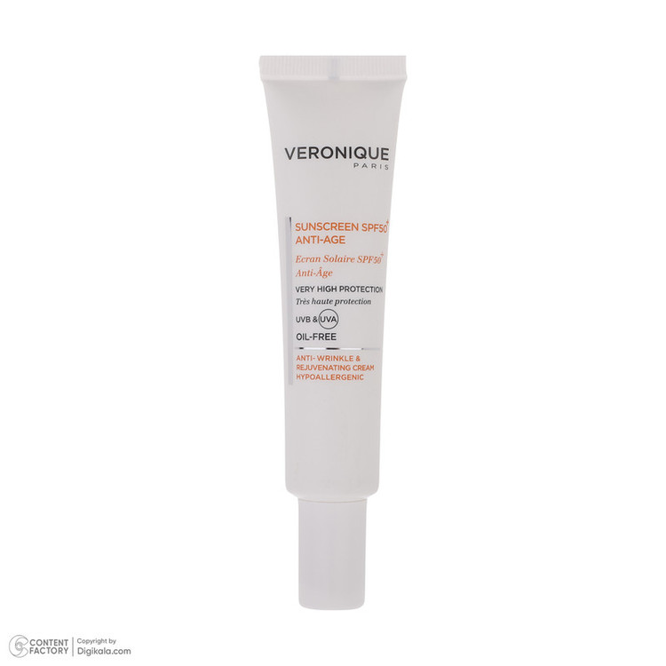 کرم ضد آفتاب بدون رنگ ورونیک SPF50 مدل Anti Age محافظ UVA ،UVB، مناسب پوست چرب حجم 40 میلیلیتر