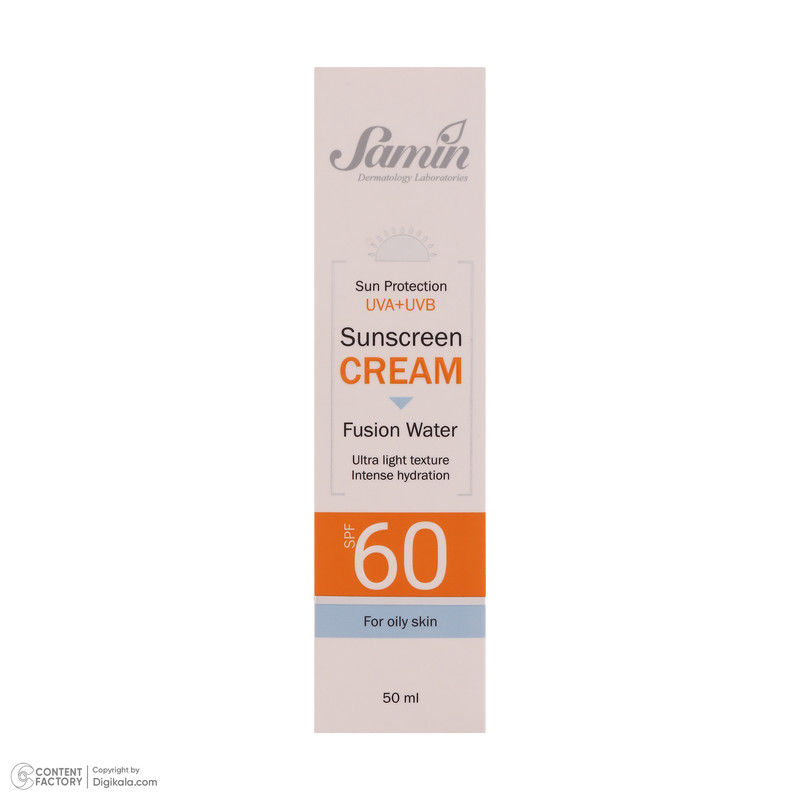 کرم ضد آفتاب بیرنگ صورت ثمین SPF 60 مدل Fusion Water محافظ UVA ، UVB مناسب برای پوست چرب حجم 50 میلی لیتر