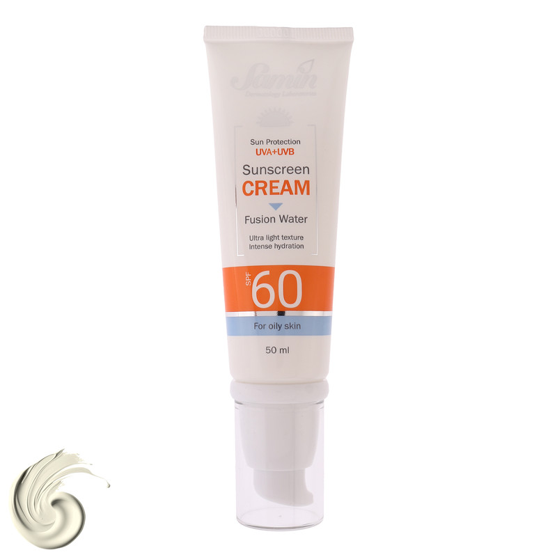 کرم ضد آفتاب بیرنگ صورت ثمین SPF 60 مدل Fusion Water محافظ UVA ، UVB مناسب برای پوست چرب حجم 50 میلی لیتر