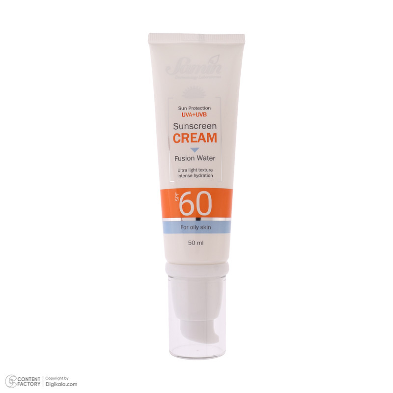 کرم ضد آفتاب بیرنگ صورت ثمین SPF 60 مدل Fusion Water محافظ UVA ، UVB مناسب برای پوست چرب حجم 50 میلی لیتر
