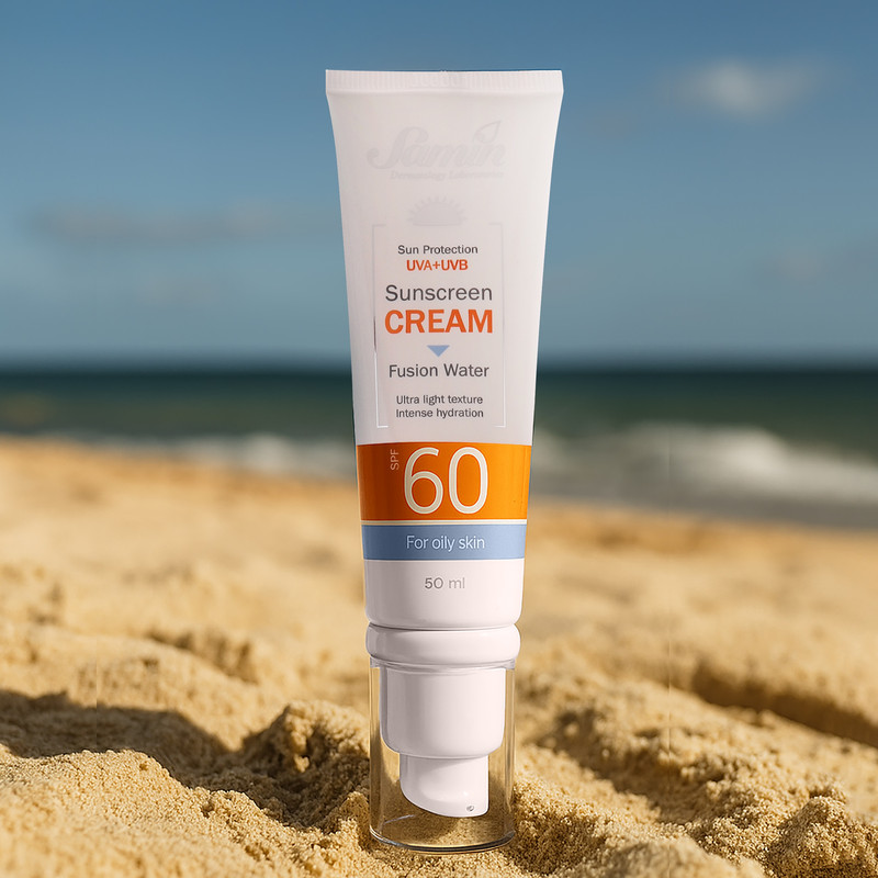کرم ضد آفتاب بیرنگ صورت ثمین SPF 60 مدل Fusion Water محافظ UVA ، UVB مناسب برای پوست چرب حجم 50 میلی لیتر