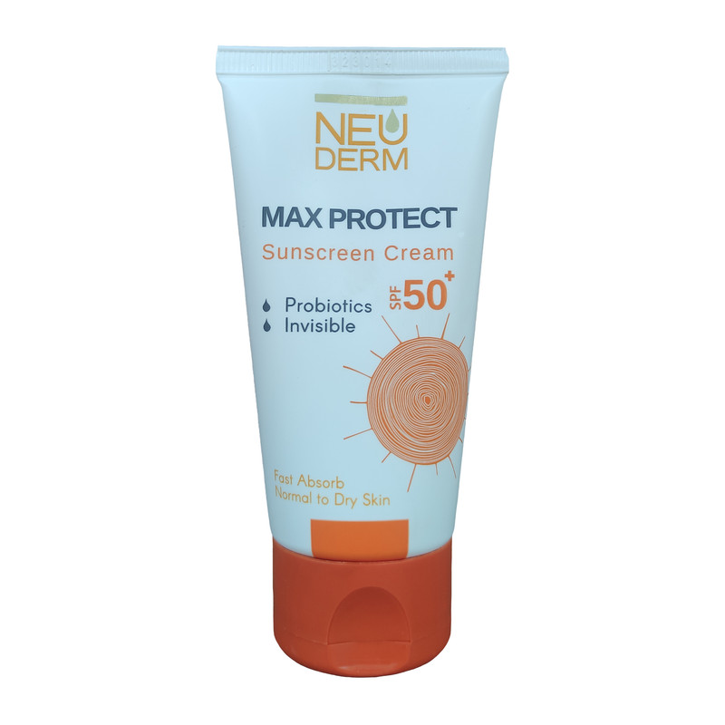 کرم ضد آفتاب بی‌ رنگ نئودرم +SPF50 مدل MAX PROTECT ‌مناسب پوست های خشک و معمولی حجم 50 میلی‌لیتر