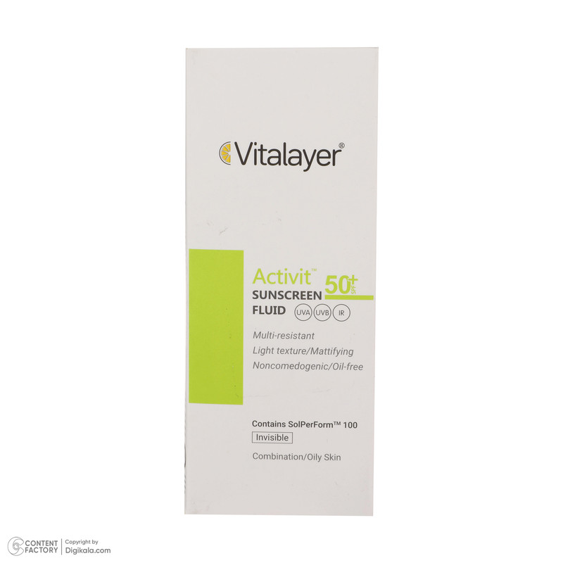 فلوئید ضدآفتاب بیرنگ ویتالیر SPF50 مدل Activit، مناسب پوستهای مختلط و چرب، حجم 50 میلیلیتر