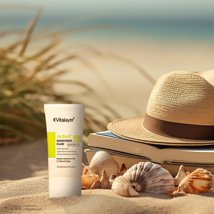 فلوئید ضدآفتاب رنگی ویتالیر SPF50 مدل Activit، مناسب پوستهای چرب، حجم 50 میلیلیتر
