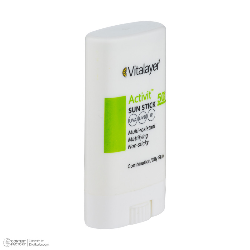 استیک ضد آفتاب بیرنگ صورت ویتالیر SPF 50 مدل اکتیویت محافظ در برابر اشعه UVA و UVB مناسب برای پوست چرب و مختلط حجم 20 میلیلیتر