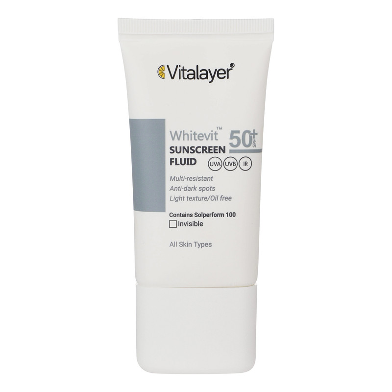 فلوئید ضدآفتاب بیرنگ ویتالیر SPF50 مدل Whitevit مناسب انواع پوست، حجم 50 میلیلیتر