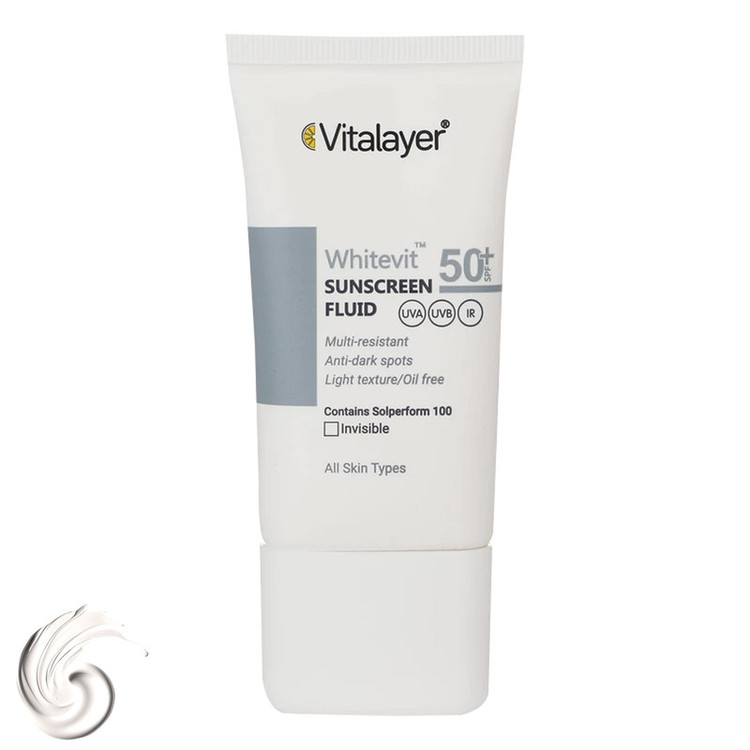 فلوئید ضدآفتاب بیرنگ ویتالیر SPF50 مدل Whitevit مناسب انواع پوست، حجم 50 میلیلیتر