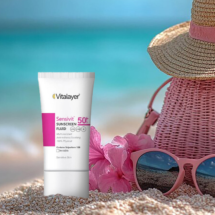 فلوئید ضد آفتاب بیرنگ ویتالیر، spf 50، مدل 0128، مناسب پوست های حساس با حجم 50 میلیلیتر، ضد حساسیت، محافظتکننده در برابر اشعههای UVA و UVB، دارای فرمولاسیون دی اکسید تیتانیوم و اکسید روی، با ماندگاری 2 ساعته