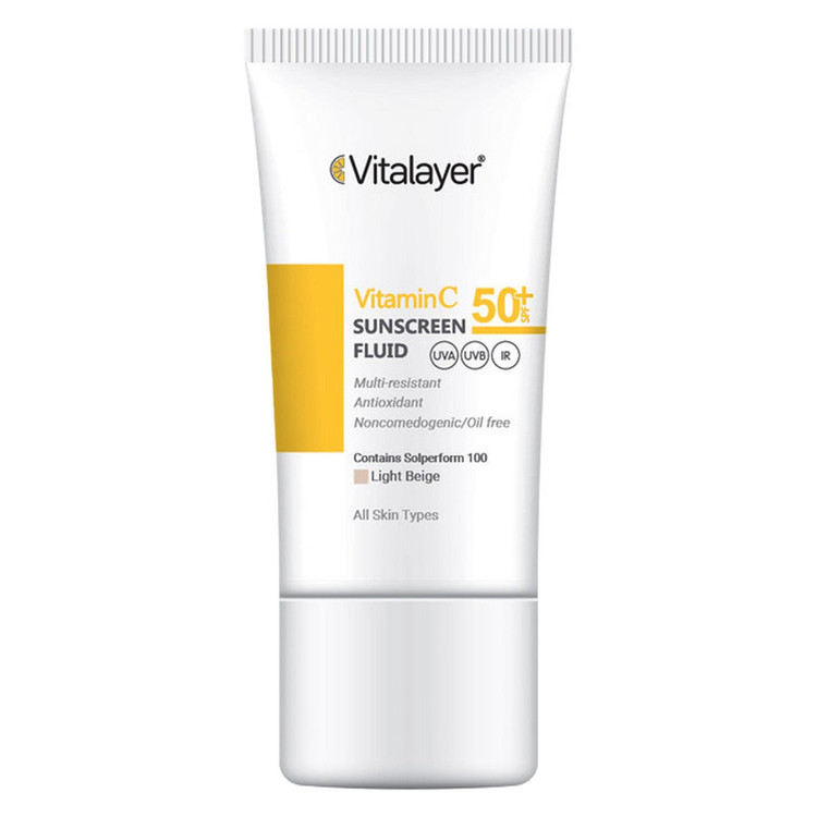 فلوئید ضدآفتاب رنگی ویتالیر، 50 SPF، مدل Vitamin C، مناسب انواع پوست تنالیته رنگ متوسط و حجم 50 میلیلیتر، ضد آب، محافظت کننده در برابر اشعه UVA، UVB، IR، آنتیاکسیدان، فاقد چربی و پارابن، ضد لک، آبرسان، دارای فرمولاسیون غیرکومدونزا، با ماندگاری 2 ساعته