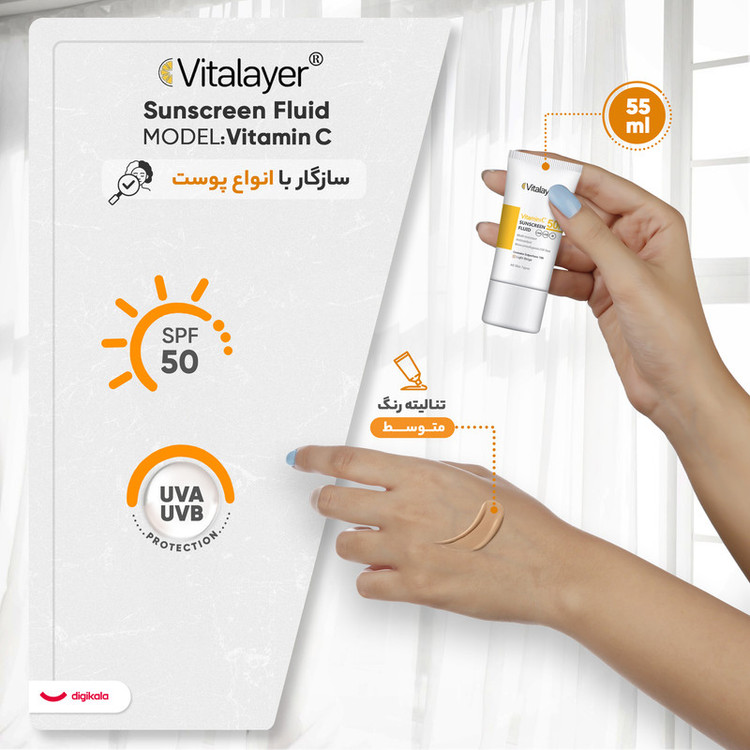 فلوئید ضدآفتاب رنگی ویتالیر، 50 SPF، مدل Vitamin C، مناسب انواع پوست تنالیته رنگ متوسط و حجم 50 میلیلیتر، ضد آب، محافظت کننده در برابر اشعه UVA، UVB، IR، آنتیاکسیدان، فاقد چربی و پارابن، ضد لک، آبرسان، دارای فرمولاسیون غیرکومدونزا، با ماندگاری 2 ساعته