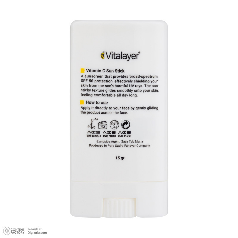 استیک ضد آفتاب بیرنگ صورت ویتالیر SPF 50 مدل Vitamin C محافظ در برابر اشعه UVA و UVB مناسب برای انواع پوست حجم 20 میلیلیتر