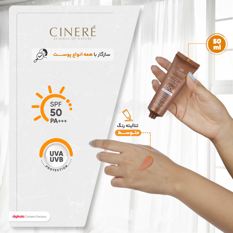 کرم ضدآفتاب رنگی سینره SPF50 مدل Broad Spectrum مناسب انواع پوست، حجم 50 میلیلیتر