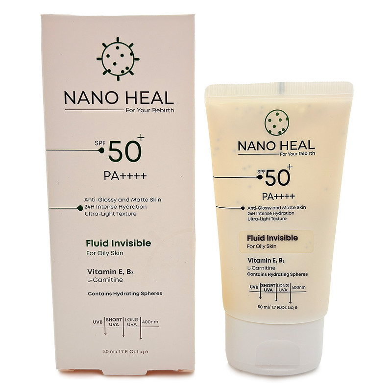 فلوئید ضد آفتاب نانوهیل SPF 50 مدل 002 محافظ UVA ،UVB مناسب برای پوستهای چرب حجم 50 میلیلیتر