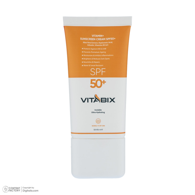 کرم ضد آفتاب بدون رنگ ویتابیکس SPF 50 مدل +Vitamin مناسب پوست خشک حجم 50 میلیلیتر محافظتکننده اشعه UVA و UVB، بدون تست حیوانی، با ماندگاری 2 ساعته