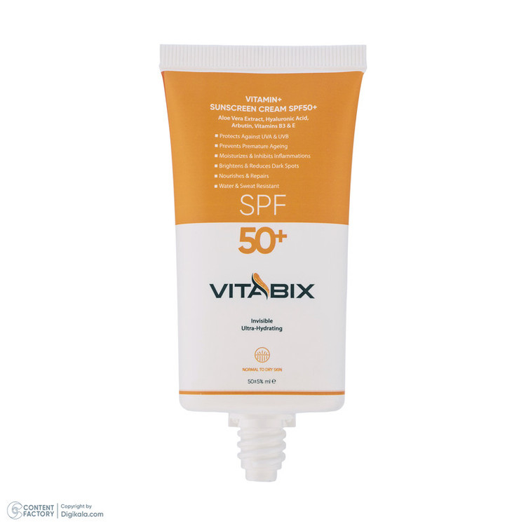 کرم ضد آفتاب بدون رنگ ویتابیکس SPF 50 مدل +Vitamin مناسب پوست خشک حجم 50 میلیلیتر محافظتکننده اشعه UVA و UVB، بدون تست حیوانی، با ماندگاری 2 ساعته