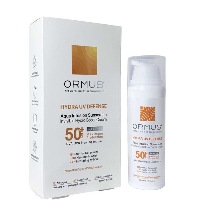 کرم ضد آفتاب بدون رنگ اورموس +SPF 50 مدل Hydra UV Defense محافظ UVA ،UVB و PA++++ ، مناسب برای پوست خشک و حساس حجم 50 میلیلیتر