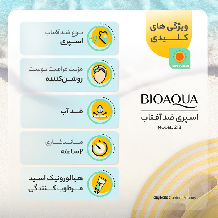 اسپری ضدآفتاب بدون رنگ بایو آکوا SPF30 مدل 212 مناسب انواع پوست، حجم 150 میلیلیتر