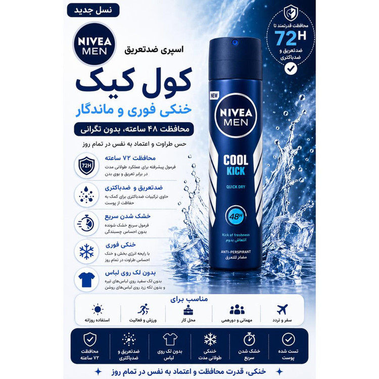 اسپری ضدتعریق مردانه نیوآ مدل 48H Cool Kick حجم 200 میلیلیتر