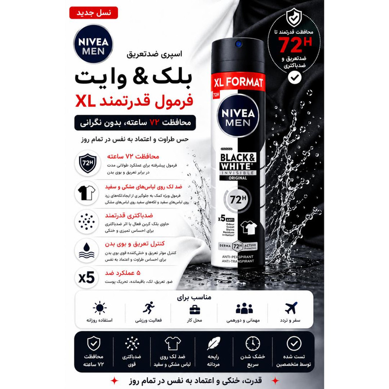 اسپری ضدتعریق مردانه نیوآ مدل 72H Black White Invisible Original XL Format حجم 200 میلیلیتر