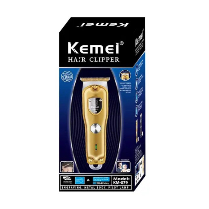 ماشین اصلاح موی صورت کیمی مدل KM-079 با تیغه کربن استیل، باتری 600 میلیآمپر، 4 شانه تنظیم طول 1 تا 4 میلیمتر، استفاده خشک و مرطوب و شارژدهی 100 دقیقه