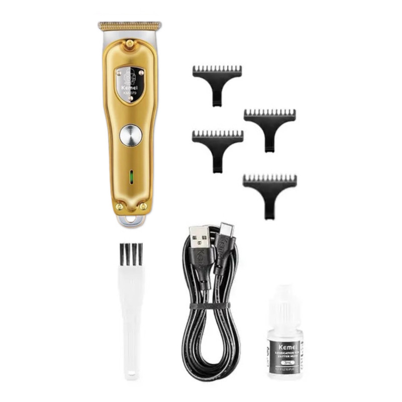 ماشین اصلاح موی صورت کیمی مدل KM-079 با تیغه کربن استیل، باتری 600 میلیآمپر، 4 شانه تنظیم طول 1 تا 4 میلیمتر، استفاده خشک و مرطوب و شارژدهی 100 دقیقه
