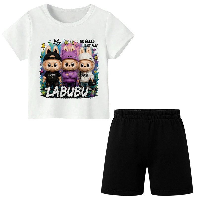 ست تیشرت آستین کوتاه و شلوارک راحتی دخترانه مدل A243 طرح LABUBU