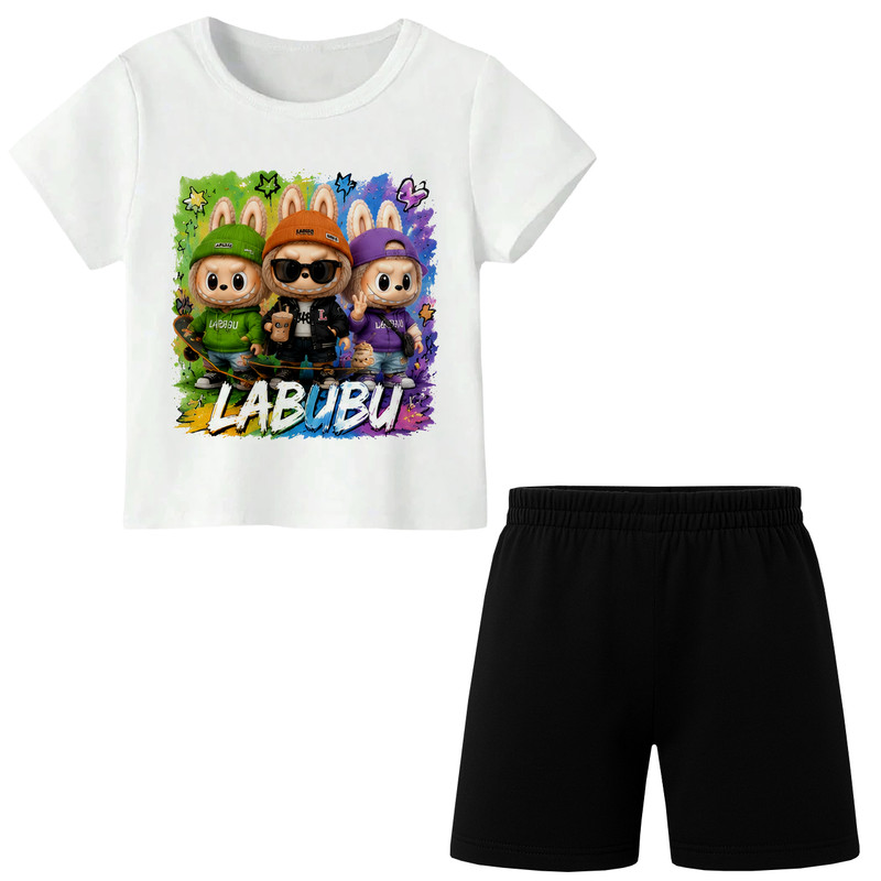 ست تی‌شرت آستین کوتاه و شلوارک راحتی دخترانه مدل A238 طرح LABUBU