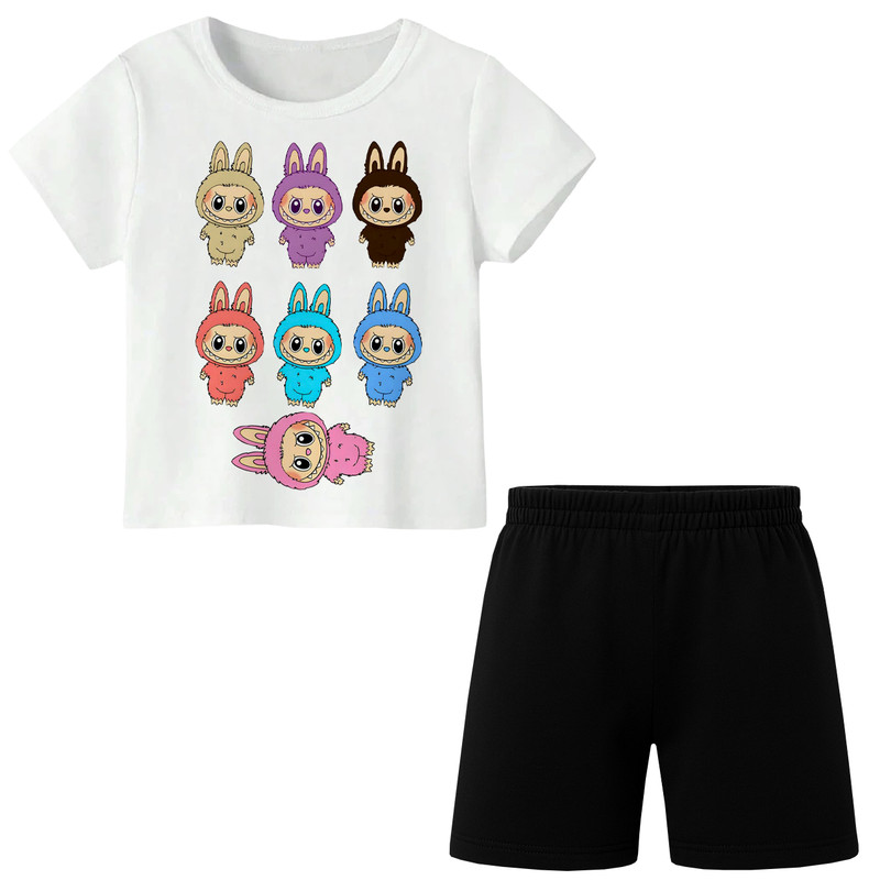 ست تی‌شرت آستین کوتاه و شلوارک راحتی دخترانه مدل A141 LABUBU