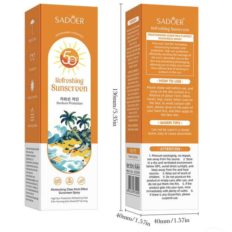 اسپری ضد آفتاب بدون رنگ صورت و بدن سادور SPF 50 مدل Refreshing محافظ UVA ، UVB و +++PA مناسب برای انواع پوست حجم 90 میلی لیتر