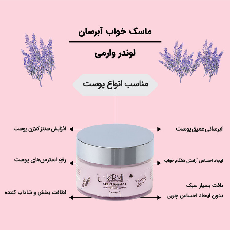 ماسک خواب صورت آبرسان وارمی مدل لوندر حجم 75 میلیلیتر با جذب سریع، کوچککننده منافذ پوست، مغذی و لطافتبخش مناسب انواع پوست و افزایش کیفیت خواب و ترمیم پوست در خواب