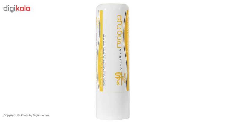 بالم لب هیدرودرم مدل SPF40 مرطوبکننده و ضدآفتاب با عصاره آلوئهورا و شیباتر، مقاوم در برابر آب و تعریق، مناسب پوست خشک، جامد ماتیکی، وزن 4.5 گرم