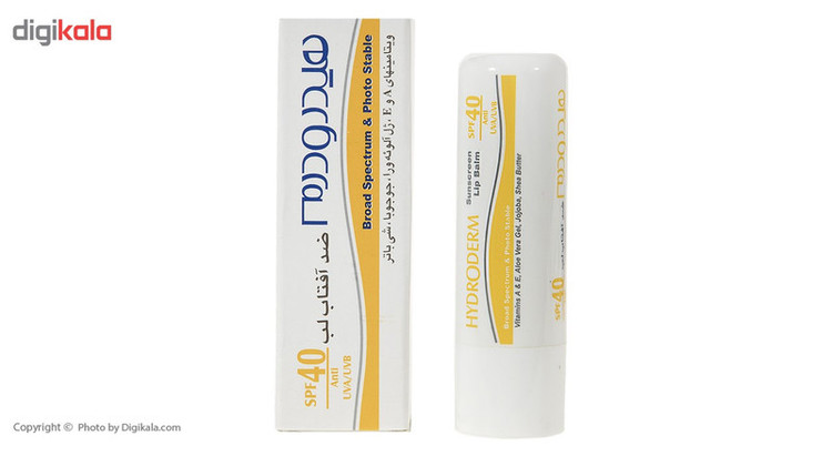 بالم لب هیدرودرم مدل SPF40 مرطوبکننده و ضدآفتاب با عصاره آلوئهورا و شیباتر، مقاوم در برابر آب و تعریق، مناسب پوست خشک، جامد ماتیکی، وزن 4.5 گرم