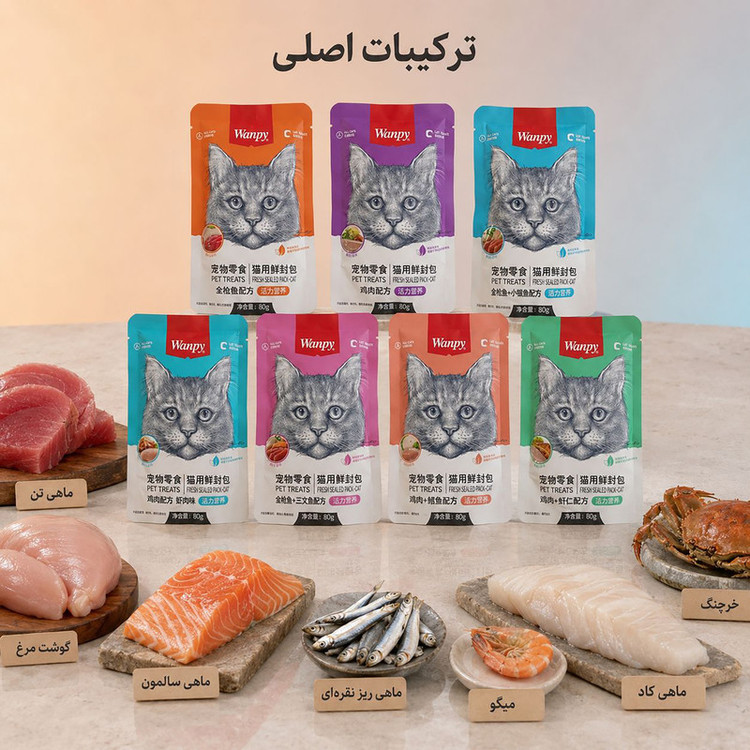 پوچ گربه بالغ ونپی مدل ترکیبی هفت طعم طعم مرغ، بوقلمون، گوشت گاو وزن 560 گرم بسته 7 عددی