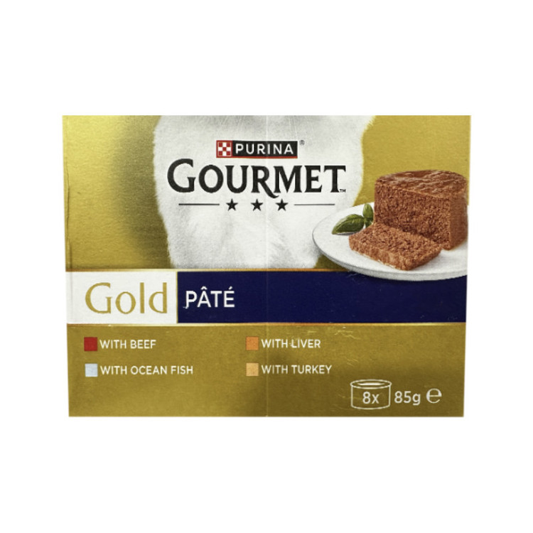 کنسرو غذای گربه بالغ گورمت مدل Gold Pate بافت پته با طعم ماهی، بوقلمون، گوشت گاو و جگر بسته 8 عددی