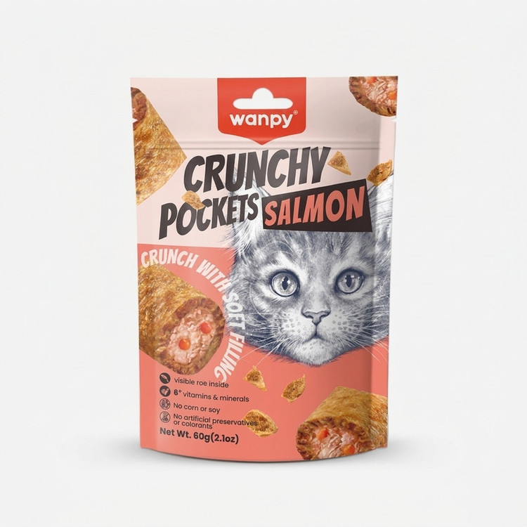 تشویقی گربه ونپی مدل Crunchy Pockets Salmon با طعم ماهی سالمون و خاویار وزن 60 گرم