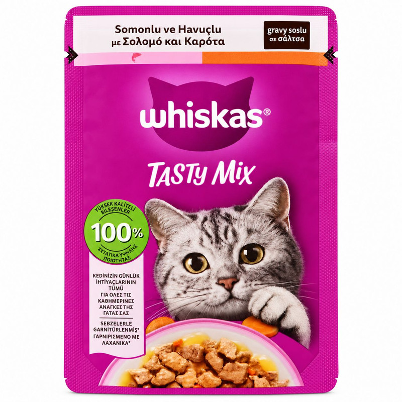 پوچ گربه بالغ ویسکاس مدل Tasty Mix طعم سالمون و هویج وزن 85 گرم