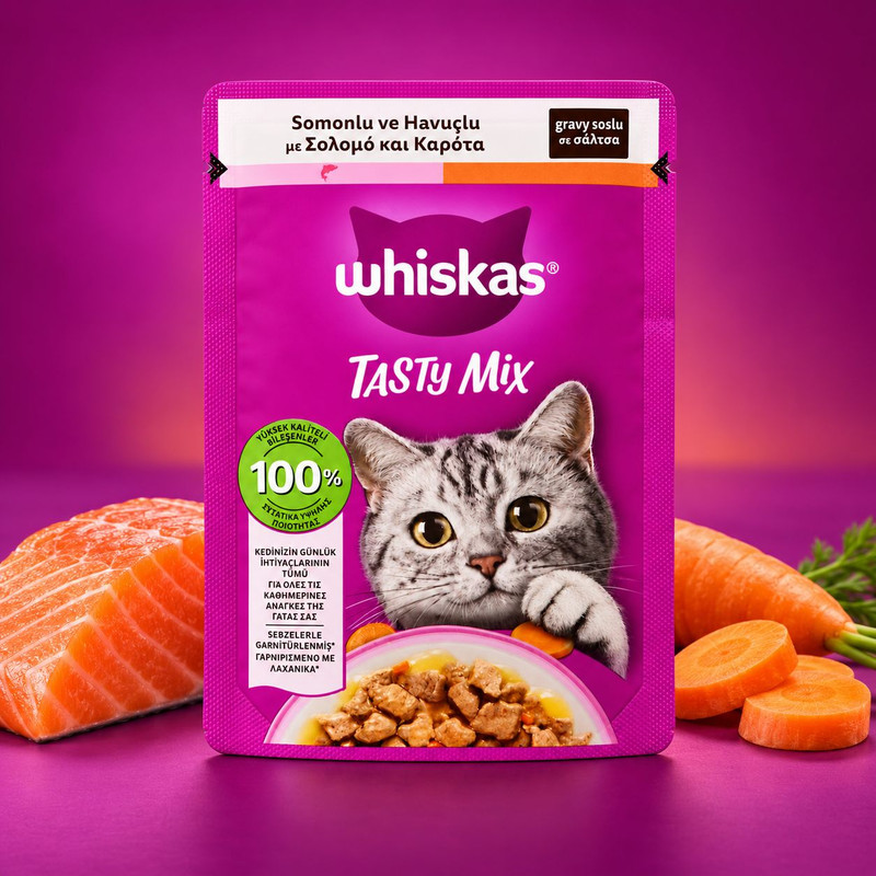 پوچ گربه بالغ ویسکاس مدل Tasty Mix طعم سالمون و هویج وزن 85 گرم