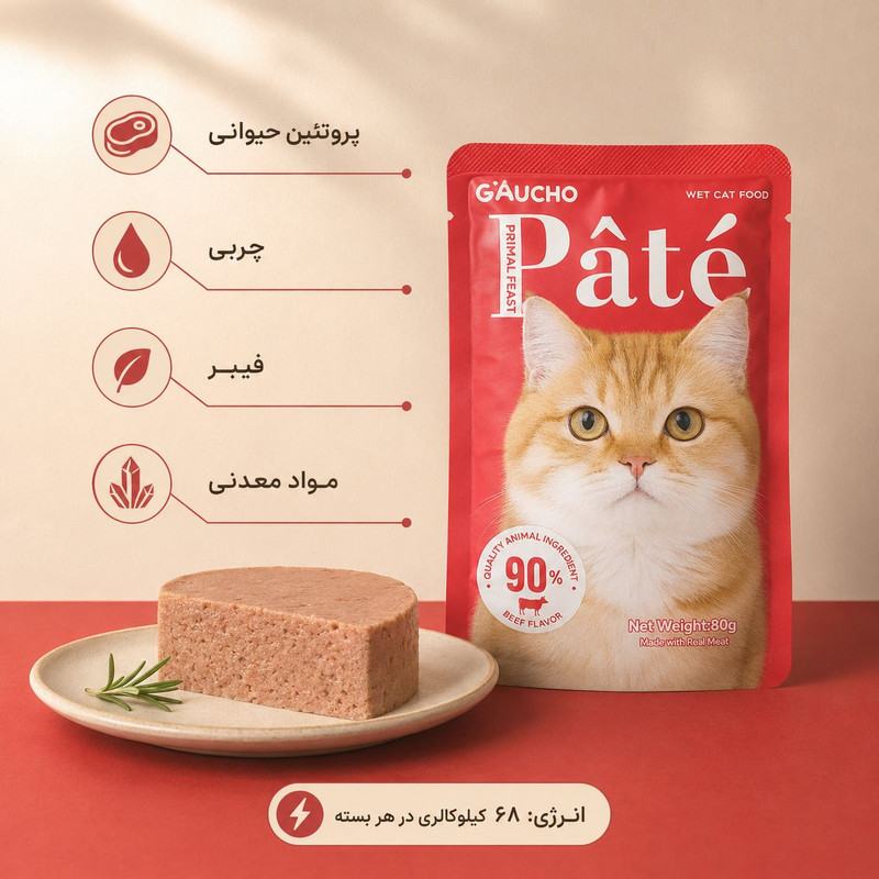 پوچ گربه بالغ گائوچو مدل Primal Feast طعم گوشت گاو وزن 80 گرم