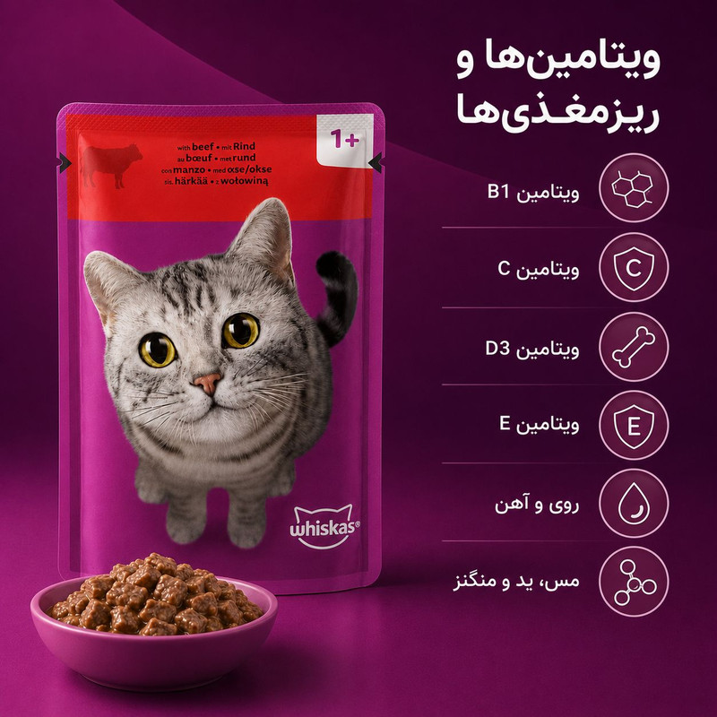 پوچ گربه بالغ ویسکاس مدل In jelly طعم گوشت گاو وزن 85 گرم