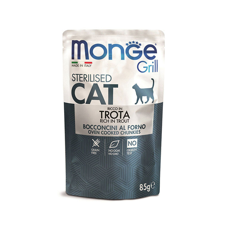 پوچ گربه بالغ مونژ مدل Monge Grill Sterilised با طعم ماهی قزلآلا وزن 85 گرم