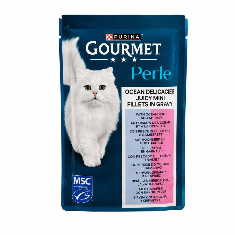 پوچ گربه بالغ گورمت مدل Perle طعم ماهی اقیانوس و میگو وزن 85 گرم