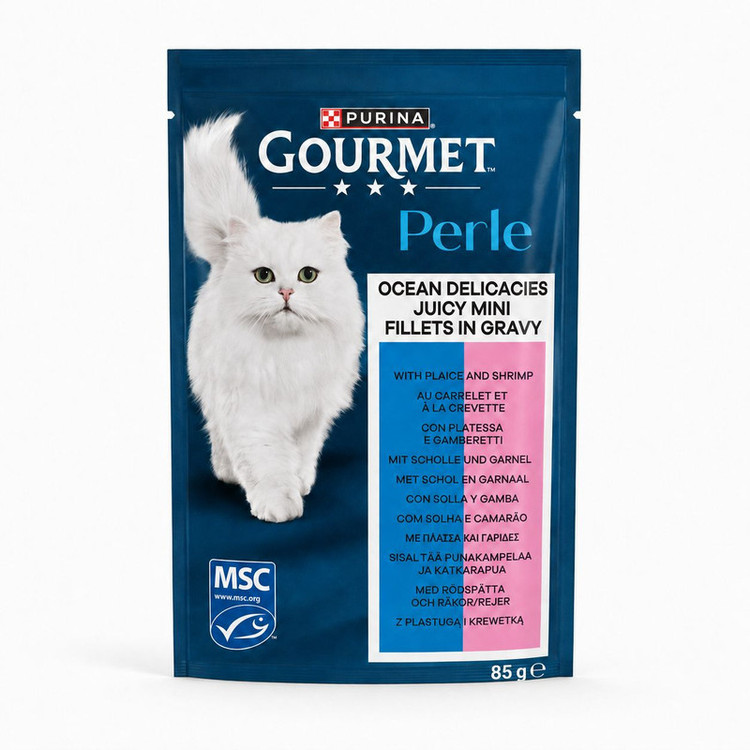 پوچ گربه بالغ گورمت مدل Perle با طعم ماهی کفشک و میگو وزن 85 گرم