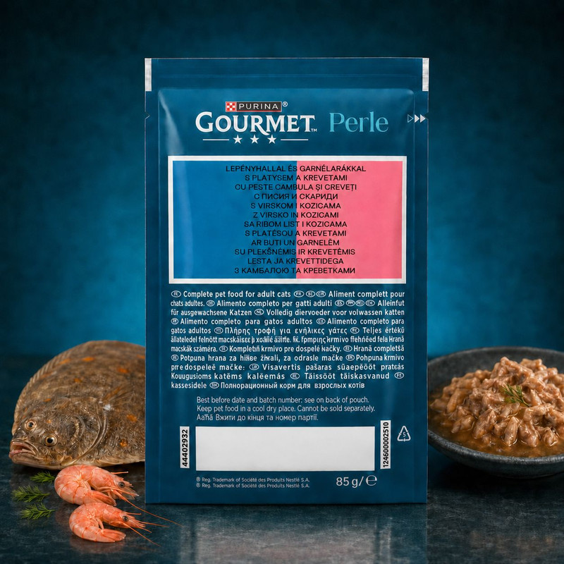 پوچ گربه بالغ گورمت مدل Perle با طعم ماهی کفشک و میگو وزن 85 گرم