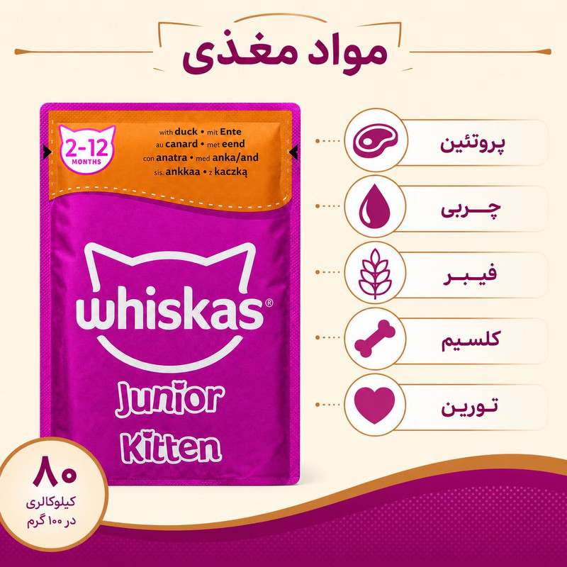پوچ گربه نابالغ ویسکاس مدل Junior Kitten طعم اردک وزن ۸۵ گرم